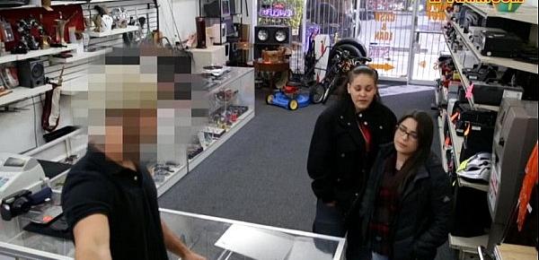  Two women try to steal and get fucked by pervert pawn guy